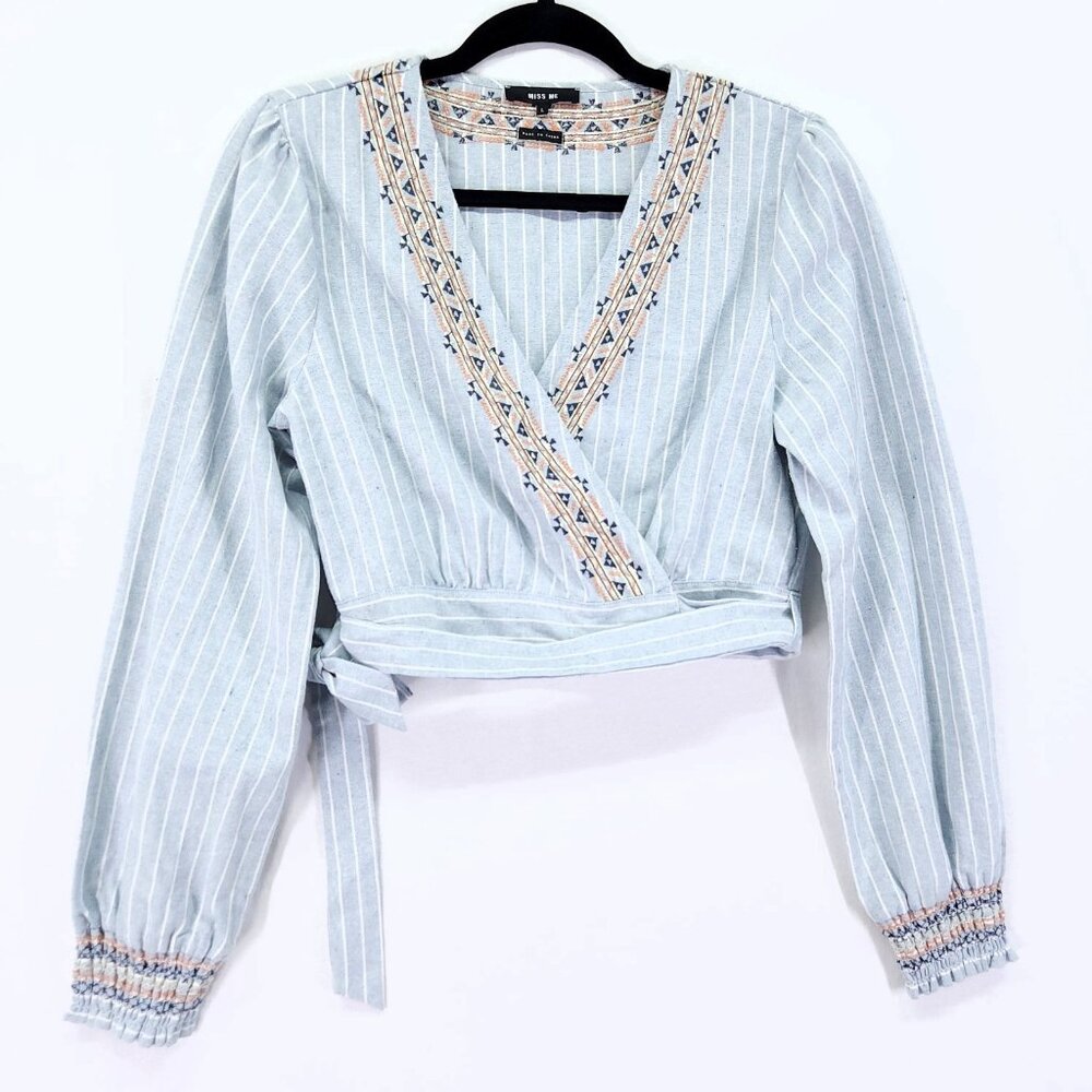 Miss Me Embroidered Linen Wrap Top Size Large Striped Crop Waist Tie Chambray